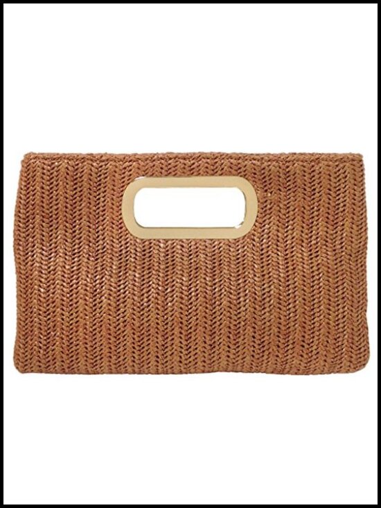 Handbags - Woven Raffia Straw Clutch with Detachable Chain Strap